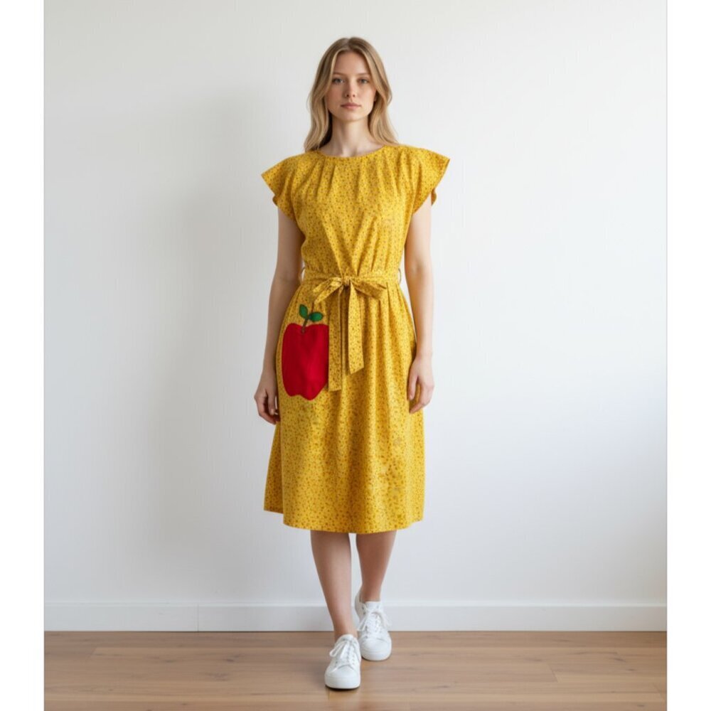 Vintage 60's Swirl Apple Applique Pocket Red and Yellow Wrap Dress Size 10